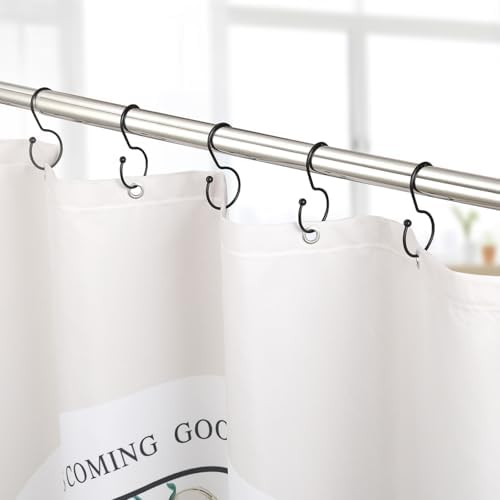Twelve pieces of Goowin premium rust resistant bathroom curtain rings laid out neatly to showcase packaging contents