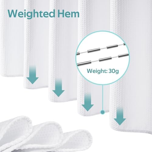 Full package contents layout including waffle fabric curtain waterproof liner and twelve glide hooks