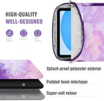 Multi compartment tablet bag open view displaying organized storage for cables and mouse