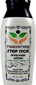 Close up of Trascentuals jewelweed lotion bottle highlighting the juniper berry essential oil ingredients.
