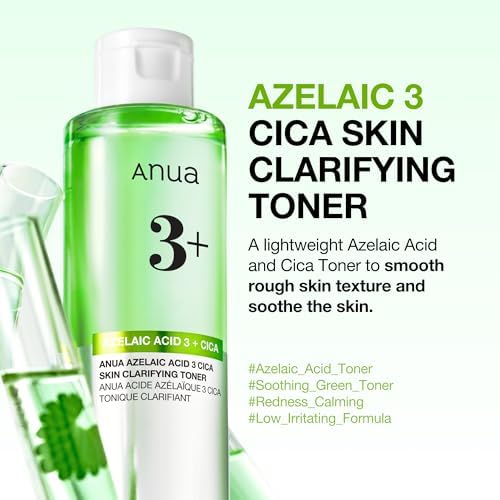 Anua Azelaic Acid 3 CICA Skin Clarifying Toner bottle highlighting the daily exfoliating Korean skincare formula.