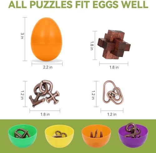 Vibrant plastic holiday eggs opened to reveal diverse logic test puzzles.
