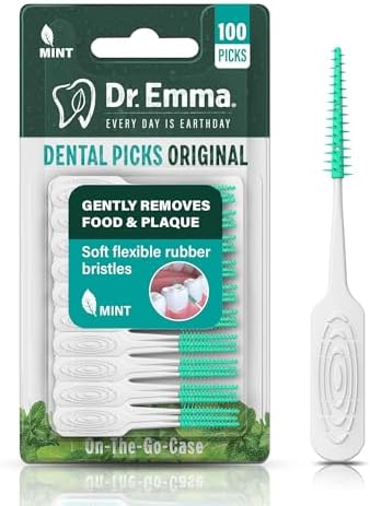Close up of Dr. Emma mint flavored dental picks highlighting ninety soft flexible rubber bristles for gum massage.