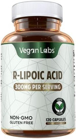 Vegan Labs R-Lipoic Acid 120 vegan capsules label detailing non-GMO and gluten-free claims