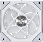 Angled view of a cluster of three white Lian Li computer cooling fans demonstrating the single cable module connection system