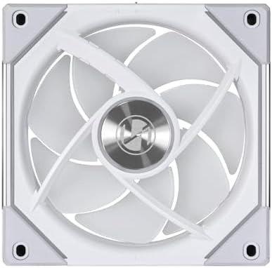 Angled view of a cluster of three white Lian Li computer cooling fans demonstrating the single cable module connection system