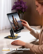 Lamicall adjustable iPad holder showing three hundred and sixty degree rotation feature for office desks.