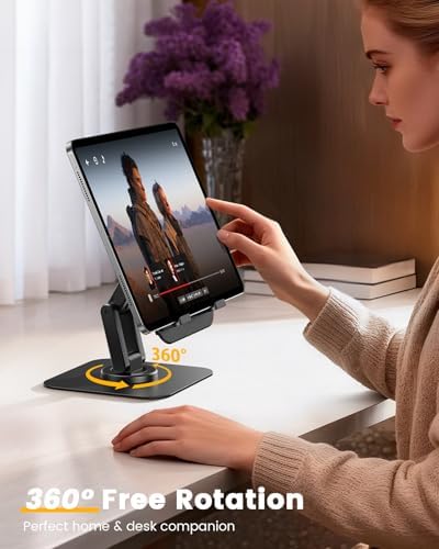 Lamicall adjustable iPad holder showing three hundred and sixty degree rotation feature for office desks.