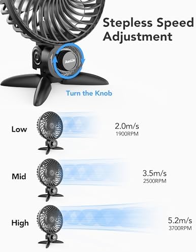 AaoLin desktop personal mini fan highlighting the stepless variable speed control knob.
