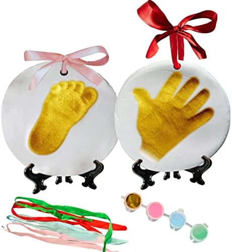 Novarena footprint ornament keepsake bundle with ribbons paints and molding accessories laid out.