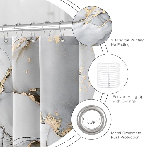 Included plastic hanging hooks being installed onto the reinforced buttonholes of the BayNook grey marble curtain.