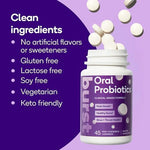 Person holding Burst Oral Probiotic lozenge illustrating easy chewable format.