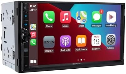 Jensen CAR723W digital multimedia receiver displaying Apple CarPlay interface