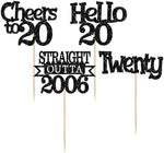 Cheers to 20 and Hello 20 black glitter cake decorations close up shot.