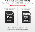 Gigastone 32GB Micro SDHC cards arranged cleanly alongside the two included full sized SD adapters.