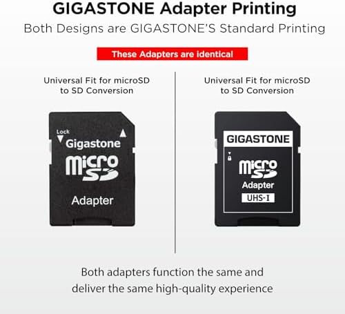 Gigastone 32GB Micro SDHC cards arranged cleanly alongside the two included full sized SD adapters.