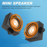 PATIKIL portable mini loudspeaker pair illustrating the exact wire length and plug spacing setup