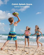 Flexible hose style inflation pump inflating the multicolor swimming pool football.
