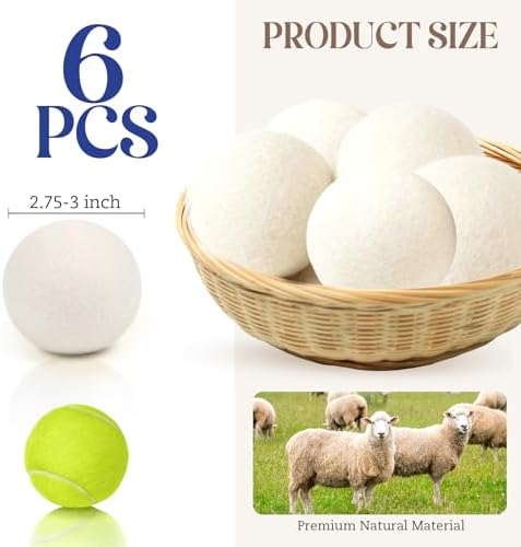 Six large white sheep wool laundry balls arranged neatly with storage bag