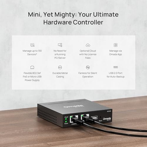 TP-Link OC220 enterprise cloud controller showing universal serial bus backup port and indicator lights.