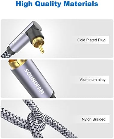 Close up of Soundfam 90 degree RCA plug male to male