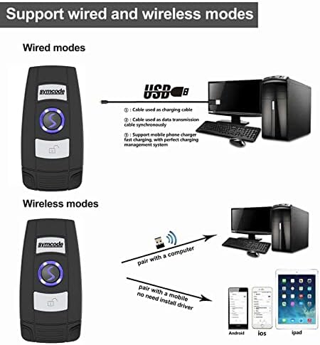 Symcode 3-in-1 barcode scanner showing usb cable and wireless dongle accessories