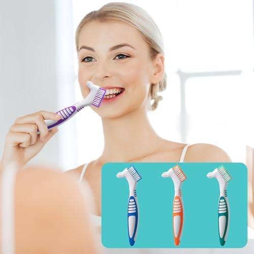 PLCPDM false teeth toothbrush showing non-slip blue and white handle