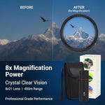 Portable 8x21 millimeter clear vision telescope shown alongside its protective storage pouch.
