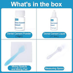 Netrca powder and liquid bottles with dental mixing pad and measuring spoon.