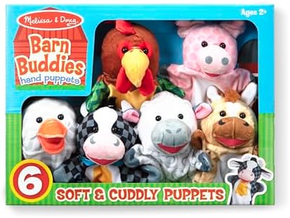Detailed view of cow and sheep plush hand puppets