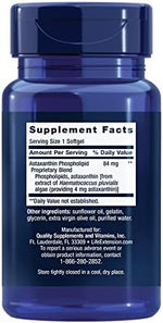 Life Extension Astaxanthin 4mg supplement facts label showing ingredients and sunflower phospholipid blend