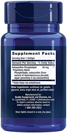 Life Extension Astaxanthin 4mg supplement facts label showing ingredients and sunflower phospholipid blend