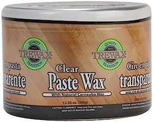 Close up of Trewax clear paste wax tin showing Brazilian Carnauba label details