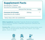 Clear Formulas Coenzyme Q10 supplement facts label listing ubiquinone and rice flour ingredients