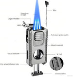 Premium all in one butane torch lighter highlighting the built in circular punch and draw enhancer needle