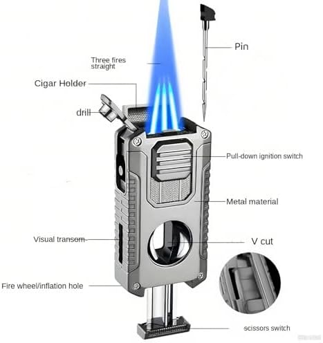 Premium all in one butane torch lighter highlighting the built in circular punch and draw enhancer needle