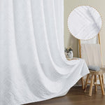 Full lifestyle display of the luxury white geometric jacquard curtain transforming a contemporary family washroom space