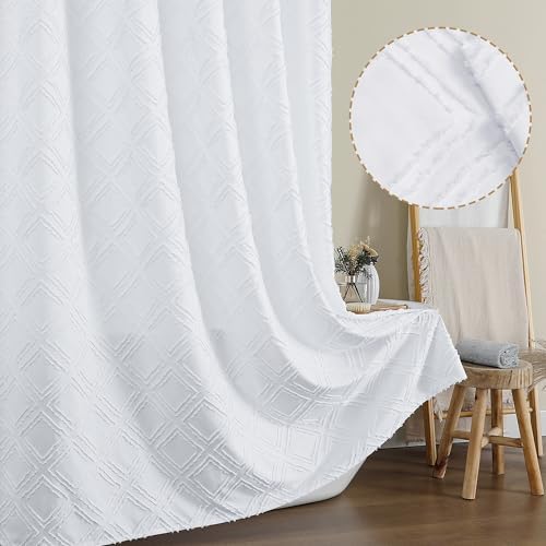 Full lifestyle display of the luxury white geometric jacquard curtain transforming a contemporary family washroom space