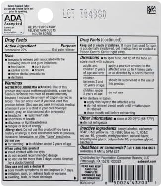 Anbesol Maximum Strength Gel packaging showing canker sore and gum pain benefits.