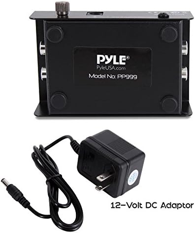 Pyle phonograph preamplifier alongside its included twelve volt DC power adapter