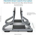 Psitek space-saving upright notebook stand illustrating slot width adjustment from 12 millimeters up to 42 millimeters