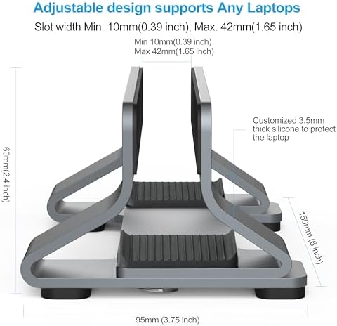 Psitek space-saving upright notebook stand illustrating slot width adjustment from 12 millimeters up to 42 millimeters