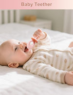 BPA-free baby teether toothbrush with adjustable safety baffle and case.