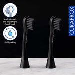 Two pack of matte black Curaprox Hydrosonic replacement heads for electric toothbrushes.