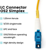 Close up of yellow TrueCable fiber optic patch cord connectors