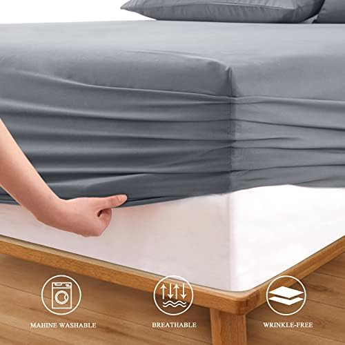 Silver grey fitted sheet showcasing the elastic band construction