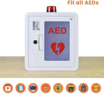 AED cabinet door open showing internal storage space for defibrillator