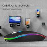TENMOS dual mode slim mouse displaying connection compatibility with a MacBook and iPad