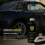 PROTEX imported soft top restoration kit showing product labels with application instructions for fabric car hoods