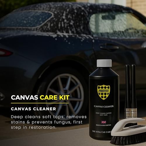 PROTEX imported soft top restoration kit showing product labels with application instructions for fabric car hoods